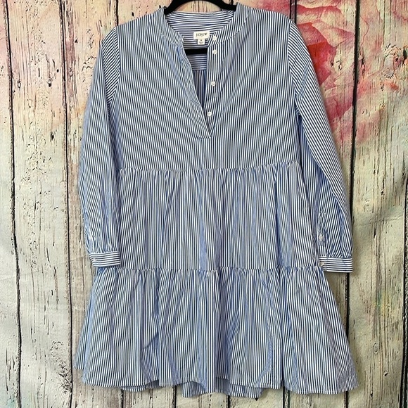 J.Crew Tiered 98% Cotton Pinstriped Mini Dress with Pockets - Picture 1 of 3